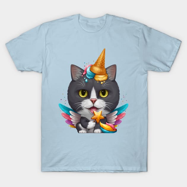 Black & White Cat Ice Cream Unicorn T-Shirt by stonemask